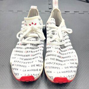 Adidas NMD R1 Shoes White/Red Text Print Size 10.5 Mens Sneakers Lightweight
